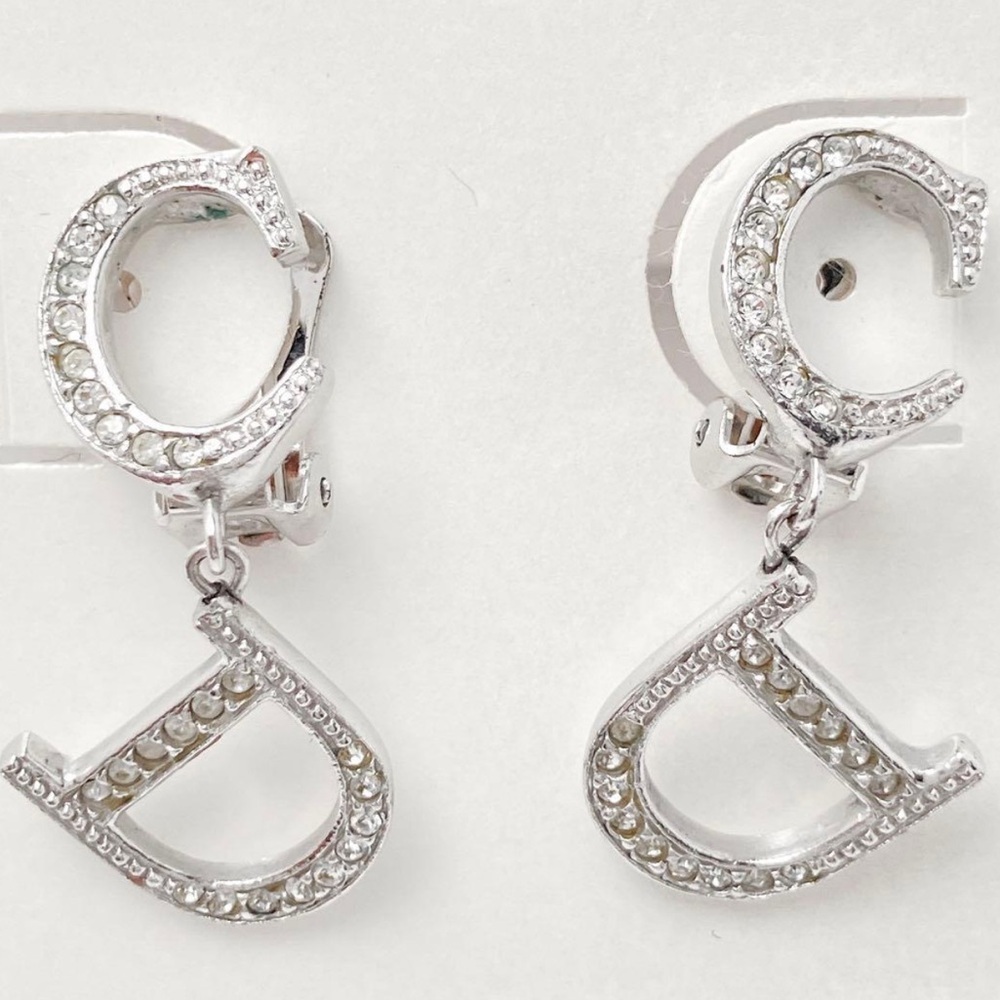 Dior Vintage CD Rhinestone Drop Clip-On Earrings Silver Tone with Box Galliano